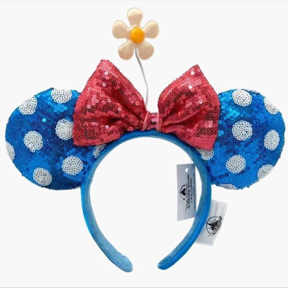 Disney Parks Blue Sequin Polka Dot White Daisy Timeless Minnie Ears Headband